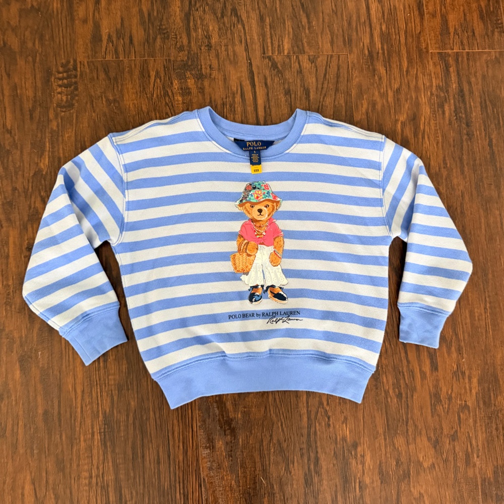 Ralph Lauren Polo Bear French Terry Blue and White Striped Sweater: Girls Sz 5